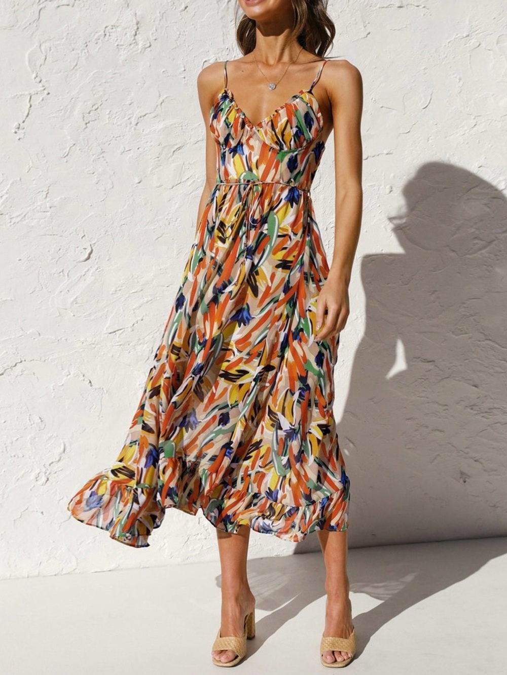 Commense Multicolor Floral Boho Maxi Dress Plunge Cami Sundress Size XL 12
